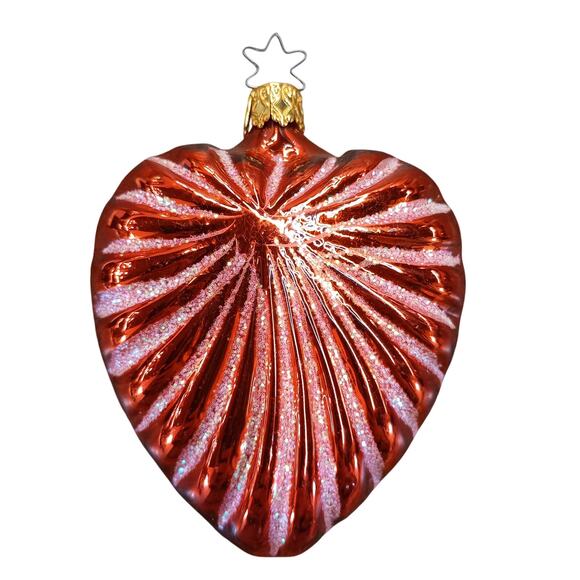 Red Heart w/White Glitter German Blown Glass Christmas Ornament 4.5” VTG - Picture 1 of 5